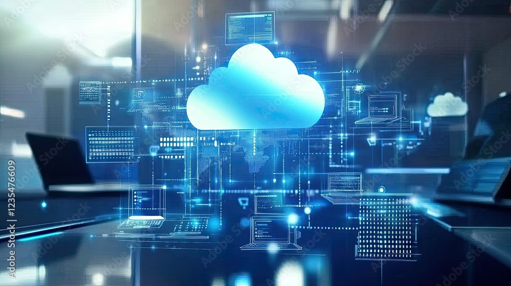 Poster blue cloud technology concept with digital data and devices visualization