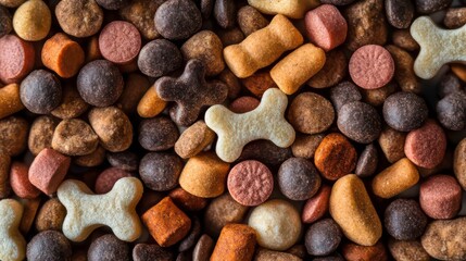 Close-up of assorted dry dog food kibble in various shapes, colors, and sizes.