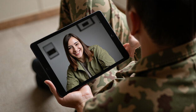 Soldier smiling while video chatting on tablet - Powered by Adobe