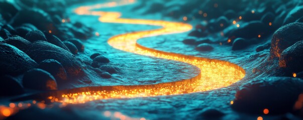 A glowing, winding river of molten lava flows through a rocky landscape, illuminated in vibrant colors against a dark backdrop.