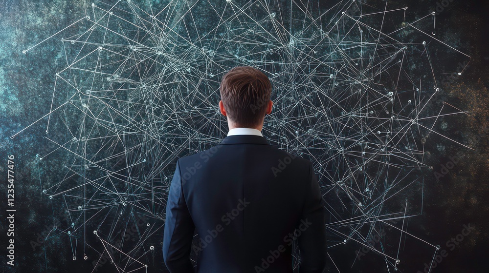 Fototapete Man in suit viewing complex network data visualization.
