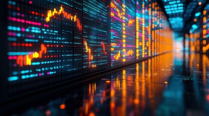 Fototapeta premium A vibrant digital display shows fluctuating financial graphs and data visualizations against a futuristic backdrop.