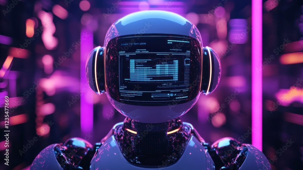 Poster a futuristic robot head with glowing elements stands in a vibrant, tech-inspired environment, showca