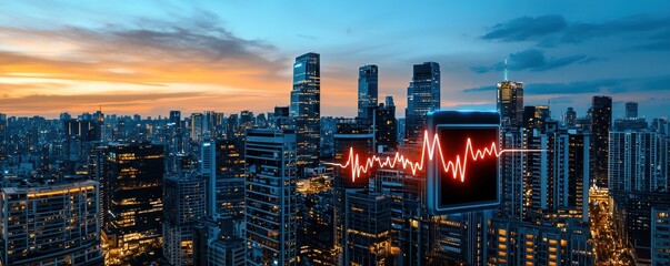 Fototapeta premium City Skyline with Heartbeat Pulse at Sunset Glow