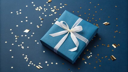 The image shows a small blue gift box with a white ribbon tied in a bow on top