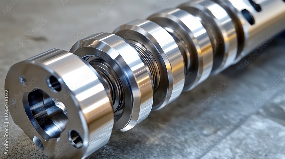 Aufkleber close-up of precision-engineered metallic industrial component with multiple cylindrical sections an