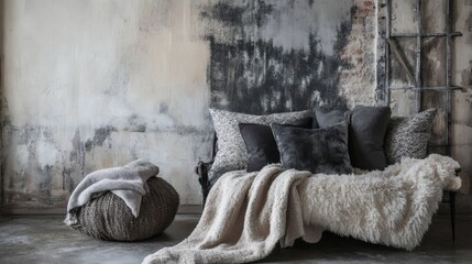 Cozy Rustic Living Room Interior with Textured Throw Blankets and Pillows