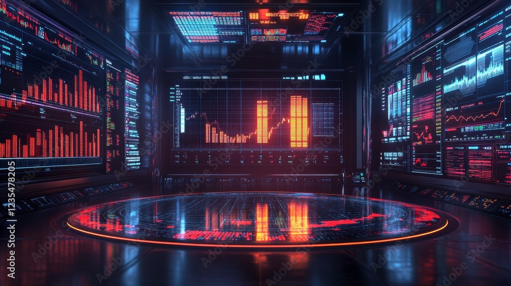 Poster a futuristic data analysis room featuring glowing screens displaying graphs and statistics in vibran