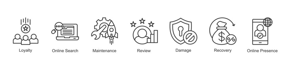 Optimization Icon Loyalty, Online Search, Maintenance, Review, Damage, Recovery, Online Presence