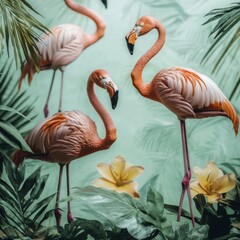 Tropical Flamingos in Lush Green Paradise  Summer Birds  Exotic Flowers