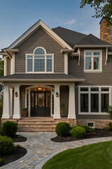 Fototapeta premium Luxury Gray Shingle House Exterior with Stone Walkway and Landscaping. Modern Home Architectural Design. Real Estate Photography