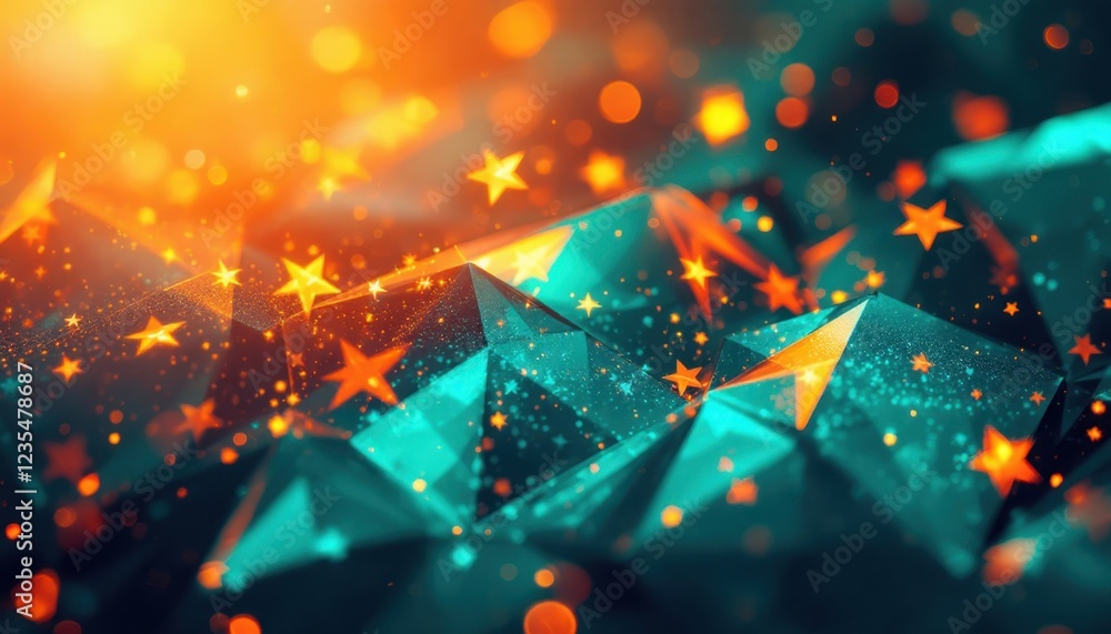 Poster abstract geometric pattern with glowing stars and bokeh lights