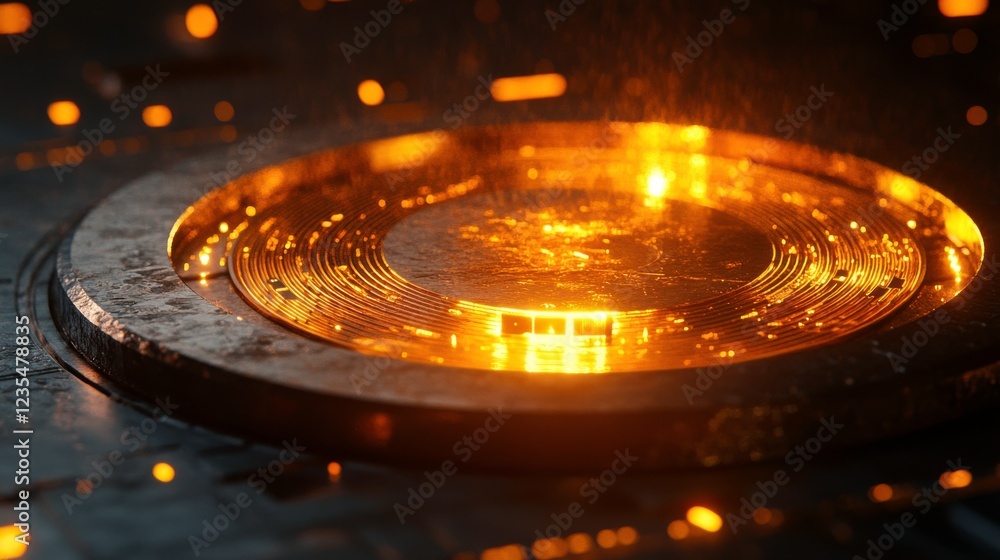 Poster a luminous circular design with intricate patterns, emitting a warm orange glow against a dark, text