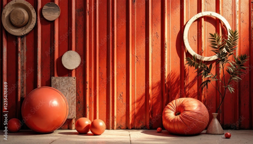 Poster sunlit rustic scene with orange objects and natural decor elements