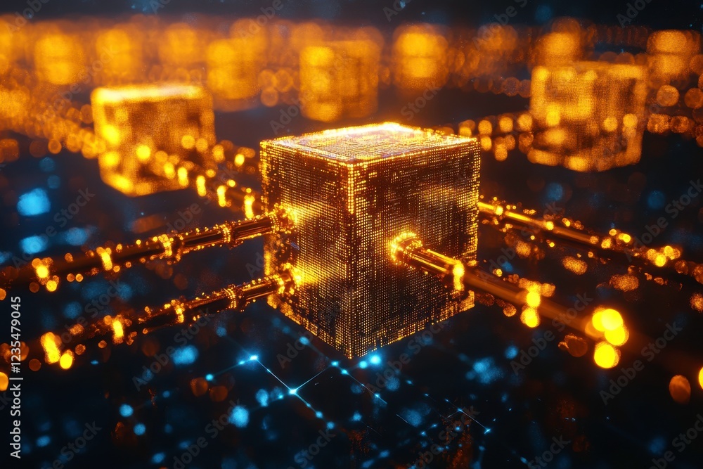 Poster a vibrant, abstract representation of interconnected blocks, symbolizing blockchain technology with 