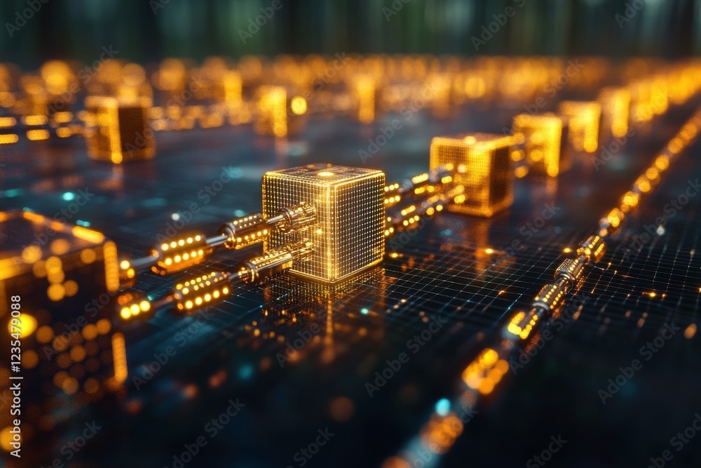 Poster a futuristic digital network with glowing cubes and interconnected lines, representing advanced tech