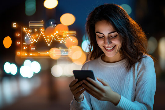 woman smiling while using smartphone with digital graphs overlayed, indicating data analysis and user satisfaction tracking. background is blurred with city lights