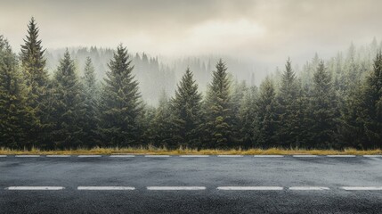 Naklejka premium Empty asphalt road leading through a misty forest.