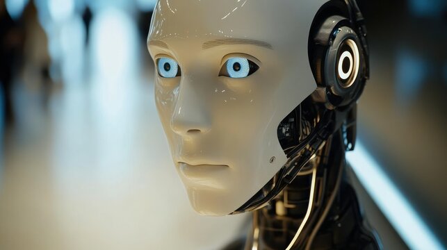 Close-up of a Humanoid Robot's Face, Advanced Artificial Intelligence, Futuristic Technology