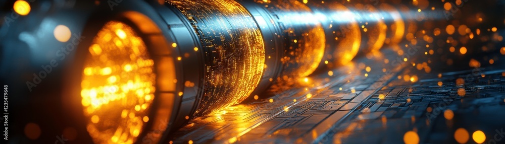 Poster a visually striking image featuring glowing, circular elements emitting light and energy, creating a