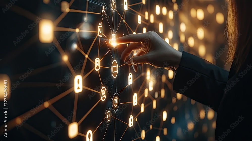 Poster hand touching digital network interface with glowing icons