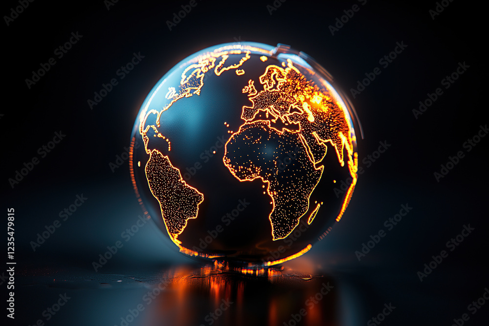 Poster glowing digital globe with illuminated continents on dark background symbolizes global connectivity 
