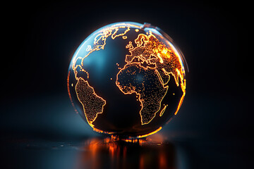 glowing digital globe with illuminated continents on dark background symbolizes global connectivity and technology