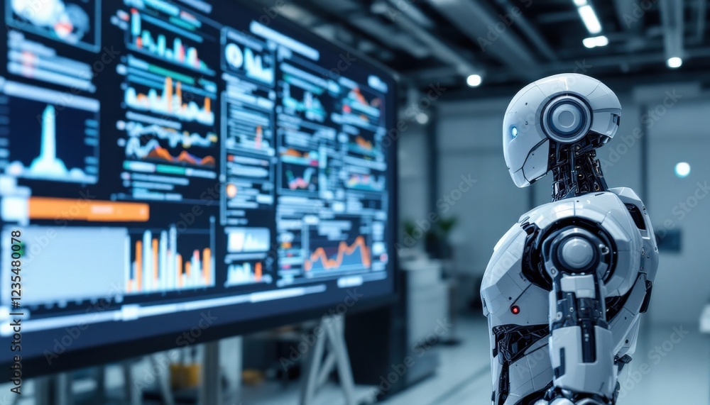 Poster futuristic robot analyzing data on digital screen in high-tech environment