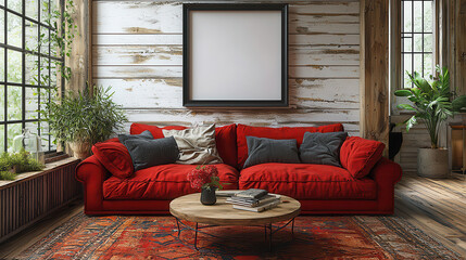 Red Velvet Couch in Rustic Living Room:  A cozy and inviting living room with exposed brick walls, a red velvet sofa, wooden coffee table, and a large framed picture.