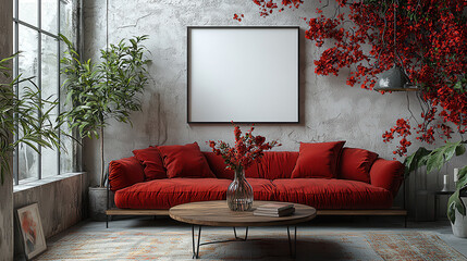 Red Velvet Comfort: A cozy and stylish living room with a plush red velvet sofa, wooden coffee table, and a framed canvas ready for your artwork, perfect for interior design inspiration.