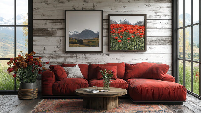 Cozy Living Room with Red Sofa: A rustic-chic living room features a comfortable red sectional sofa, complemented by framed artwork and large windows offering stunning mountain views.