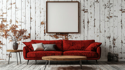 Rustic Living Room with Red Sofa: A stylish red velvet sofa takes center stage in a rustic living room setting, complemented by a large empty frame and wooden coffee table.