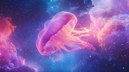 Pink jellyfish floats in vibrant nebula.