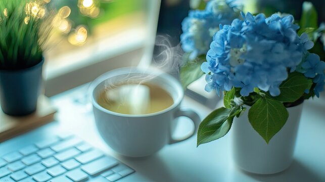 Modern desk arrangement with blue flowers, a steaming cup of green tea, and a computer keyboard, offering a serene vibe.