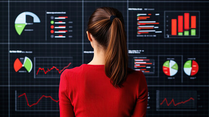 woman in red shirt analyzes data on high tech dashboards with intuitive filters, featuring various charts and graphs