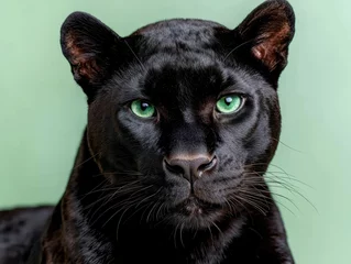 Verduisterende gordijnen Closeup portrait of a black panther with piercing green eyes © Balaraw