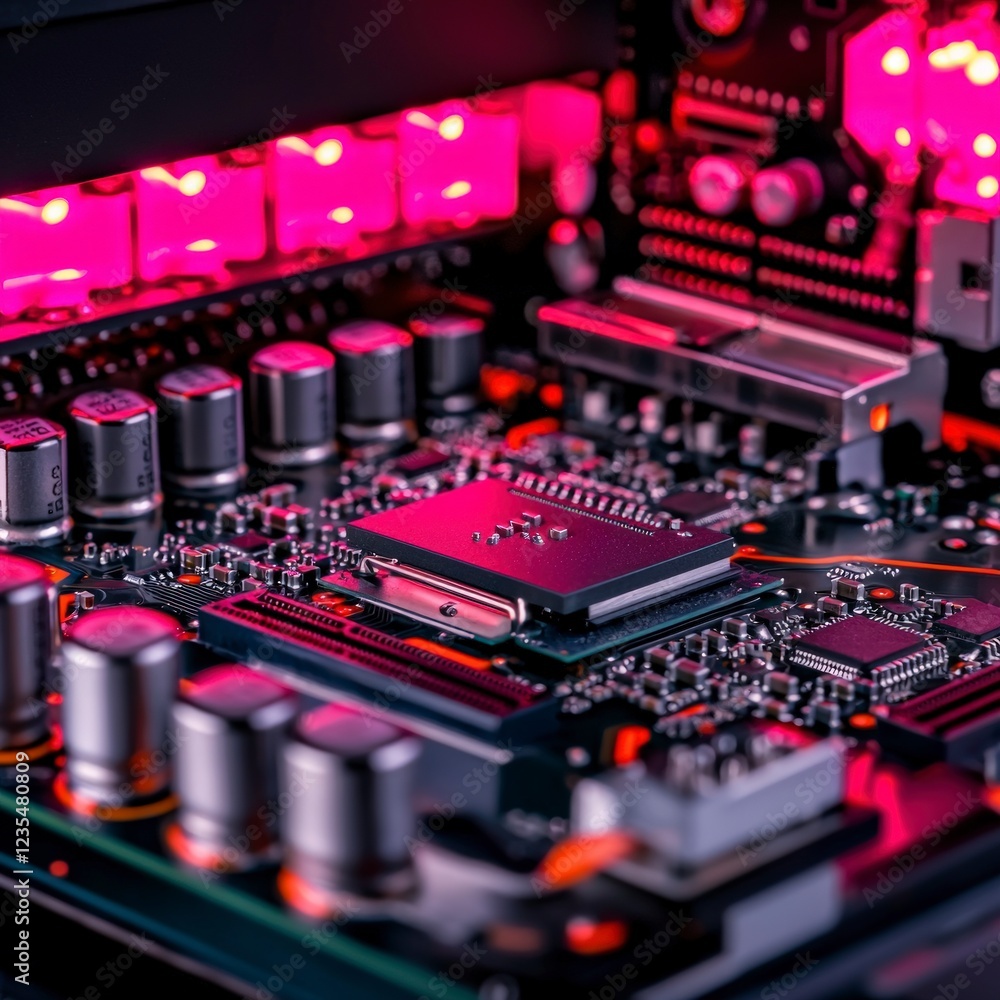 Poster Close up Computer Microchip Circuit Board  Neon Lights  Technology  Electronics  Hardware