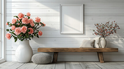 Rustic Minimalism: A clean, white-washed wall serves as the perfect backdrop for a minimalist interior design scheme. A wooden bench.