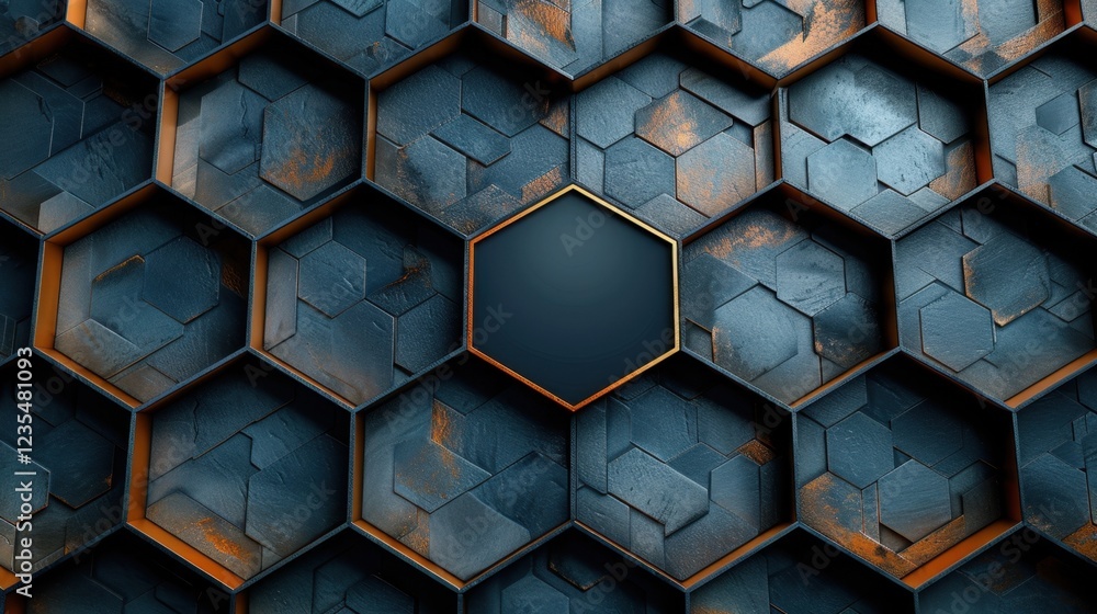 Poster abstract hexagonal pattern with copper accents on textured background