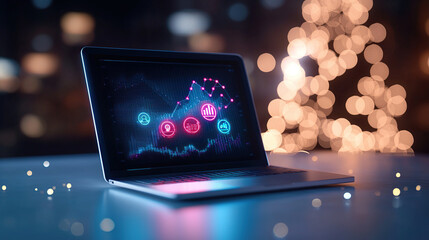 laptop displaying digital dashboard with data analytics icons and graphs, set against blurred background of bokeh lights, creating modern and dynamic atmosphere