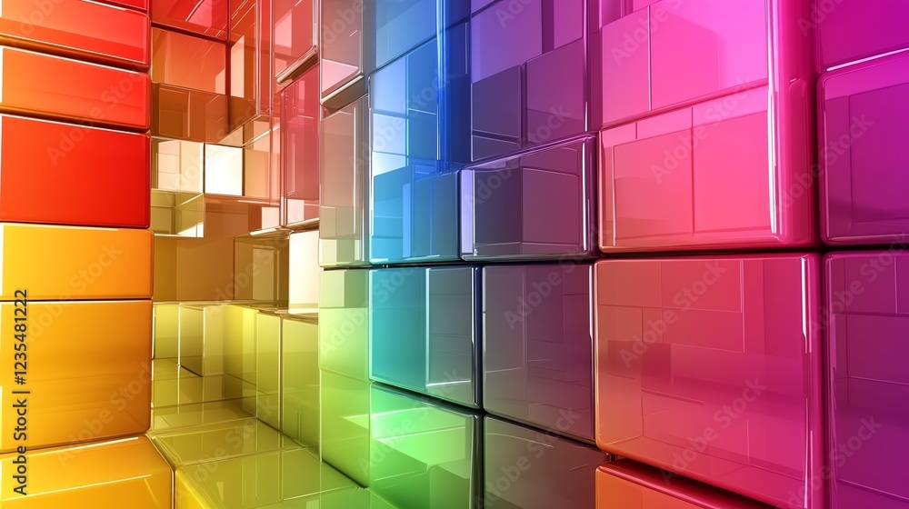 Poster colorful abstract display of reflective blocks arranged in a vibrant gradient pattern