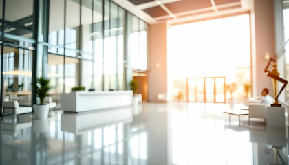 Fototapeta premium Modern office lobby, bright sunlight, glass walls, white reception desk, minimalist furniture, reflective floors, indoor plants, open concept, corporate interior, clean design, contemporary architectu