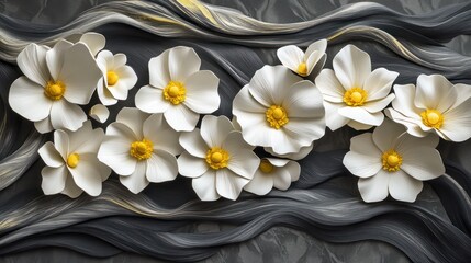 White flowers, grey wave background, 3D art, wall decor