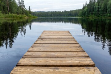 Fototapeta premium Wooden dock extending into a calm lake surrounded by lush forest