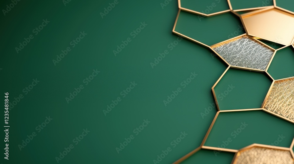 Aufkleber modern geometric design with hexagonal shapes and metallic accents on a green background