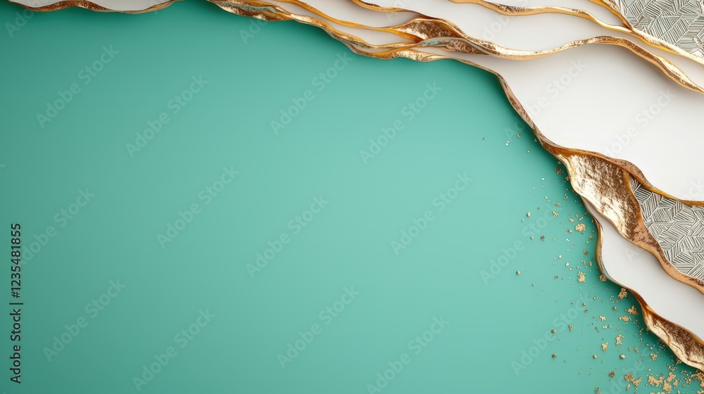 Poster elegant abstract background with golden edges and soft paper layers on a vibrant turquoise surface