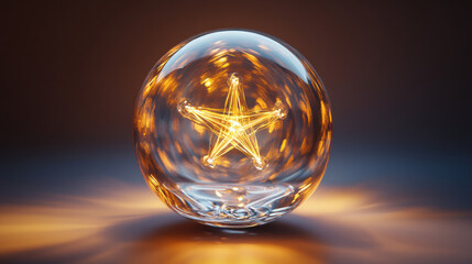 A crystal-clear glass orb, intricate golden filament inside forming a star, elegant solid background