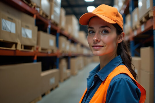 Portrait of confident female warehouse worker in overalls looking at camera in warehouse