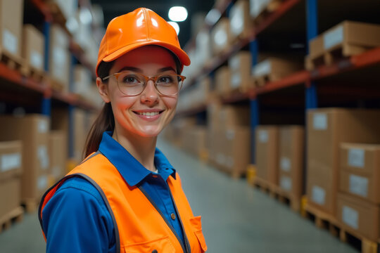 portrait of smiling female warehouse worker standing in warehouse, industrial warehouse concept