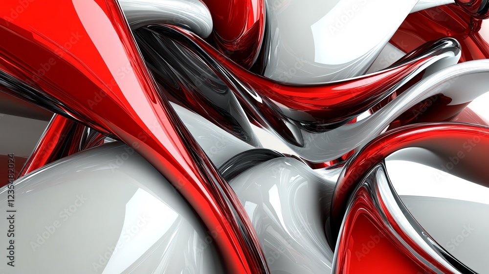 Poster dynamic fusion of red and white curves intertwined in a flowing abstract design